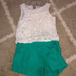 Oshkosh lace top and teal tweed shorts